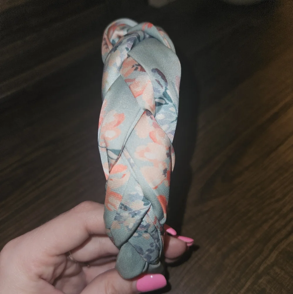 Light blue Braided Headband with Peach color Foral design